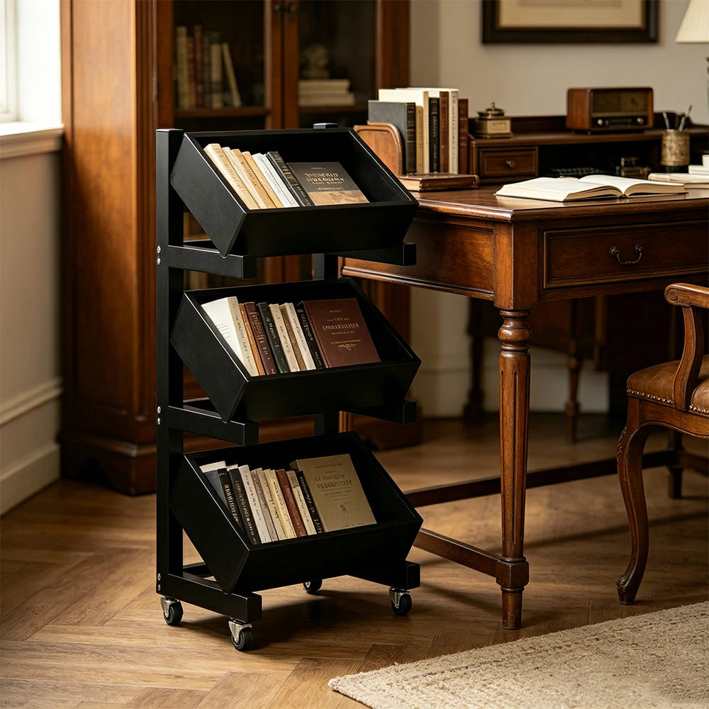 LIVARA 3 Tier Solid Wood Snack Storage Rack Rolling Organizer for Kitchen Dining Room - Black