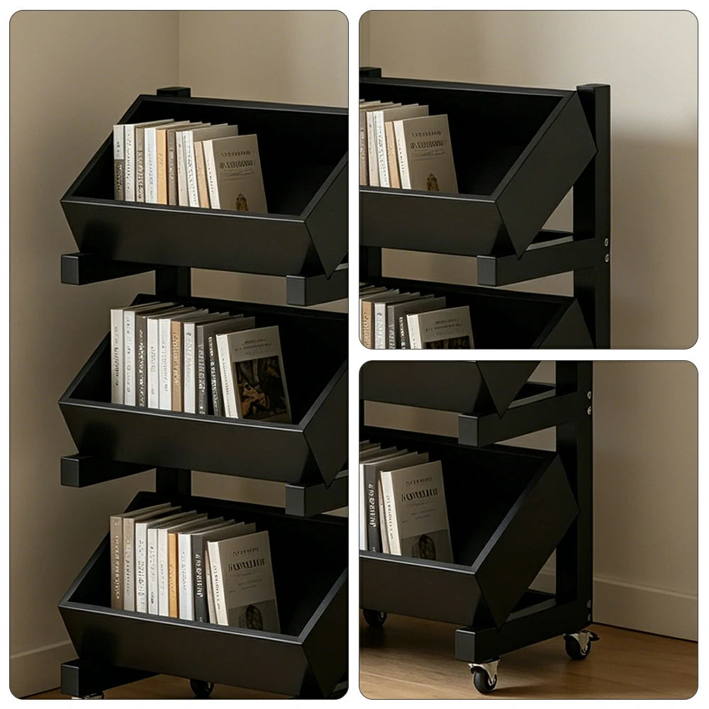 LIVARA 3 Tier Solid Wood Snack Storage Rack Rolling Organizer for Kitchen Dining Room - Black
