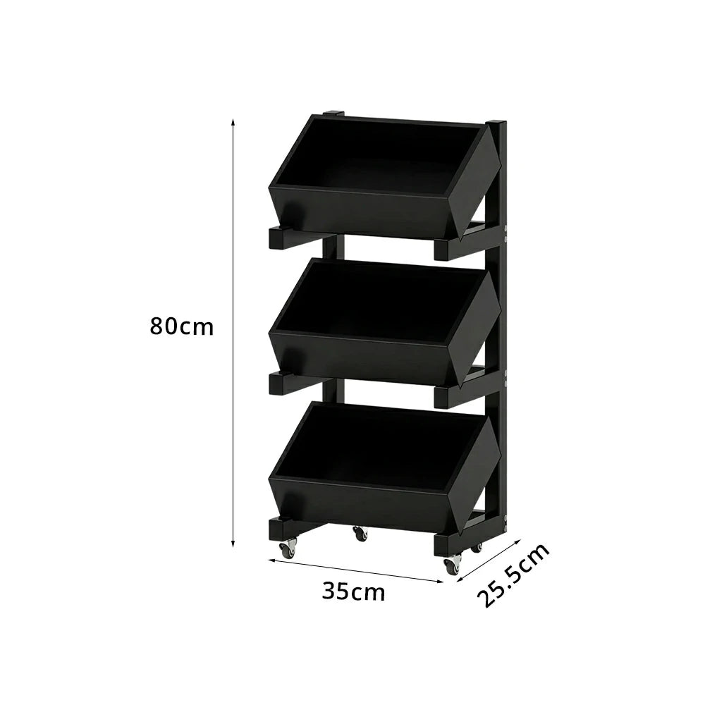 LIVARA 3 Tier Solid Wood Snack Storage Rack Rolling Organizer for Kitchen Dining Room - Black