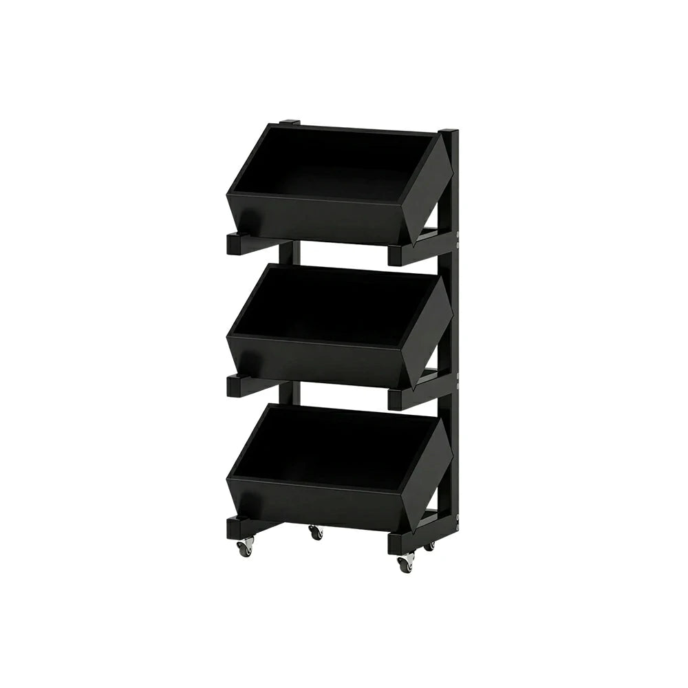 LIVARA 3 Tier Solid Wood Snack Storage Rack Rolling Organizer for Kitchen Dining Room - Black