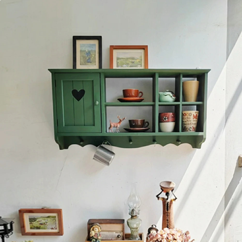 LIVARA Solid Wood Heart Door Wall Storage Cabinet for Entryway Living Room Bedroom - Vintage Green