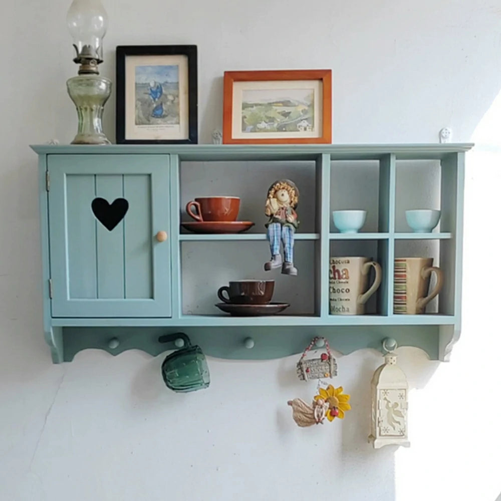 LIVARA Solid Wood Heart Door Wall Storage Cabinet for Entryway Living Room Bedroom - Vintage Blue