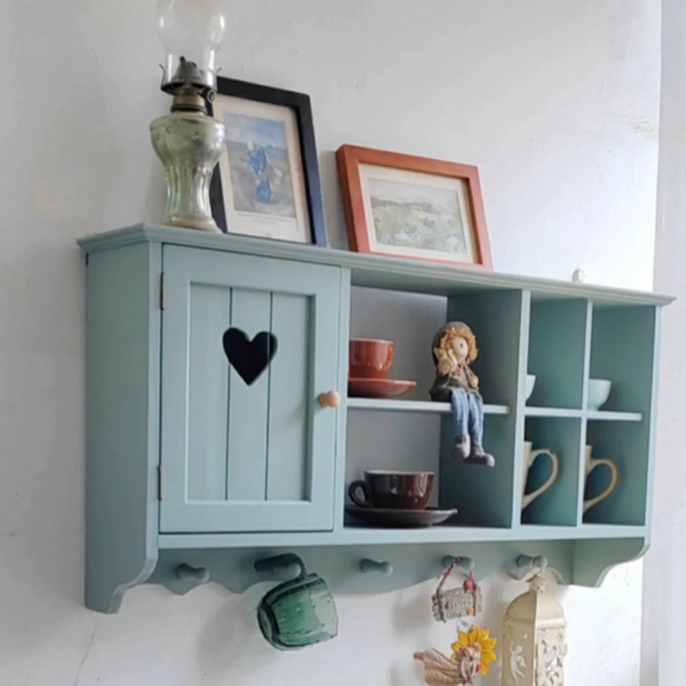 LIVARA Solid Wood Heart Door Wall Storage Cabinet for Entryway Living Room Bedroom - Vintage Blue