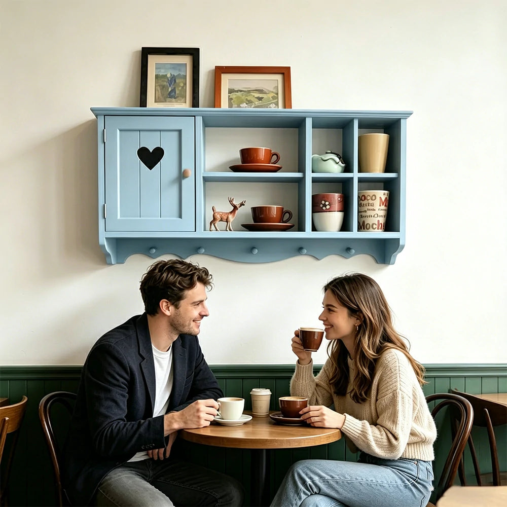 LIVARA Solid Wood Heart Door Wall Storage Cabinet for Entryway Living Room Bedroom - Vintage Blue