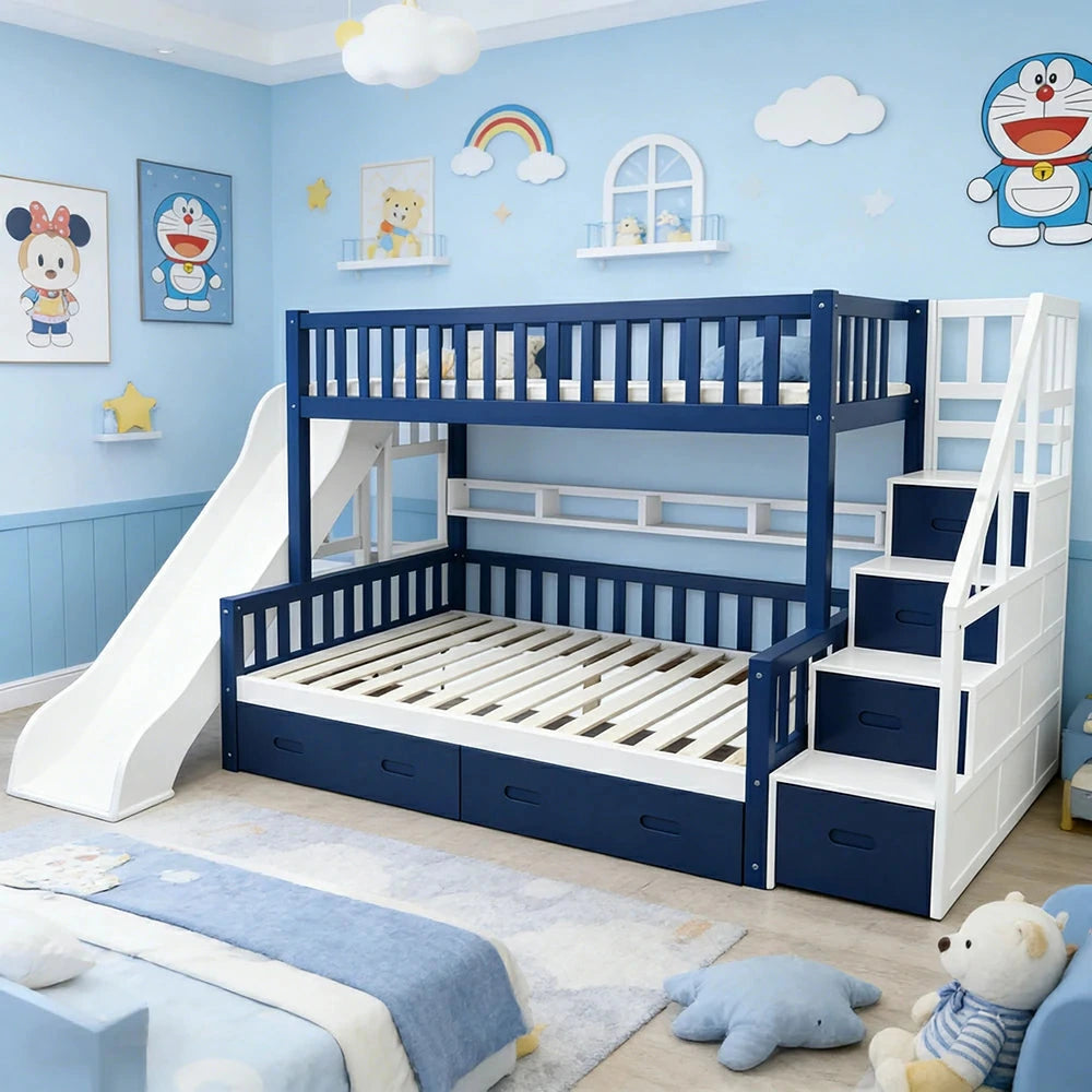 LIVARA ACSF01 Bunk Bed Frame with Slide Solid Pine Timber Safety Rails Big Storage - Blue