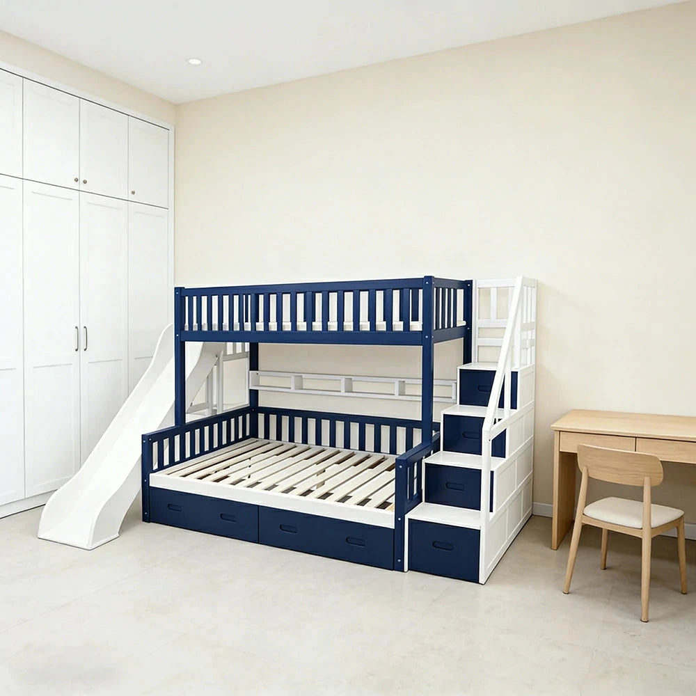 LIVARA ACSF01 Bunk Bed Frame with Slide Solid Pine Timber Safety Rails Big Storage - Blue