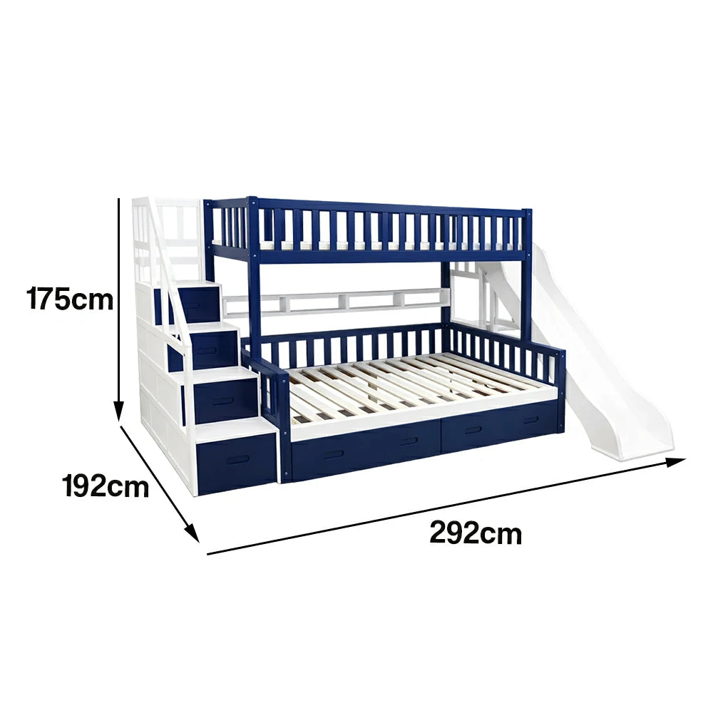 LIVARA ACSF01 Bunk Bed Frame with Slide Solid Pine Timber Safety Rails Big Storage - Blue