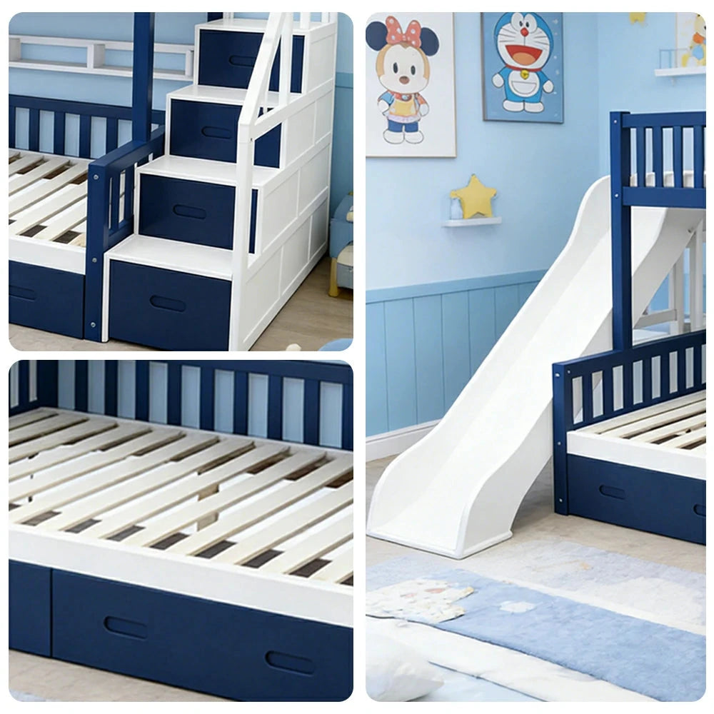 LIVARA ACSF01 Bunk Bed Frame with Slide Solid Pine Timber Safety Rails Big Storage - Blue