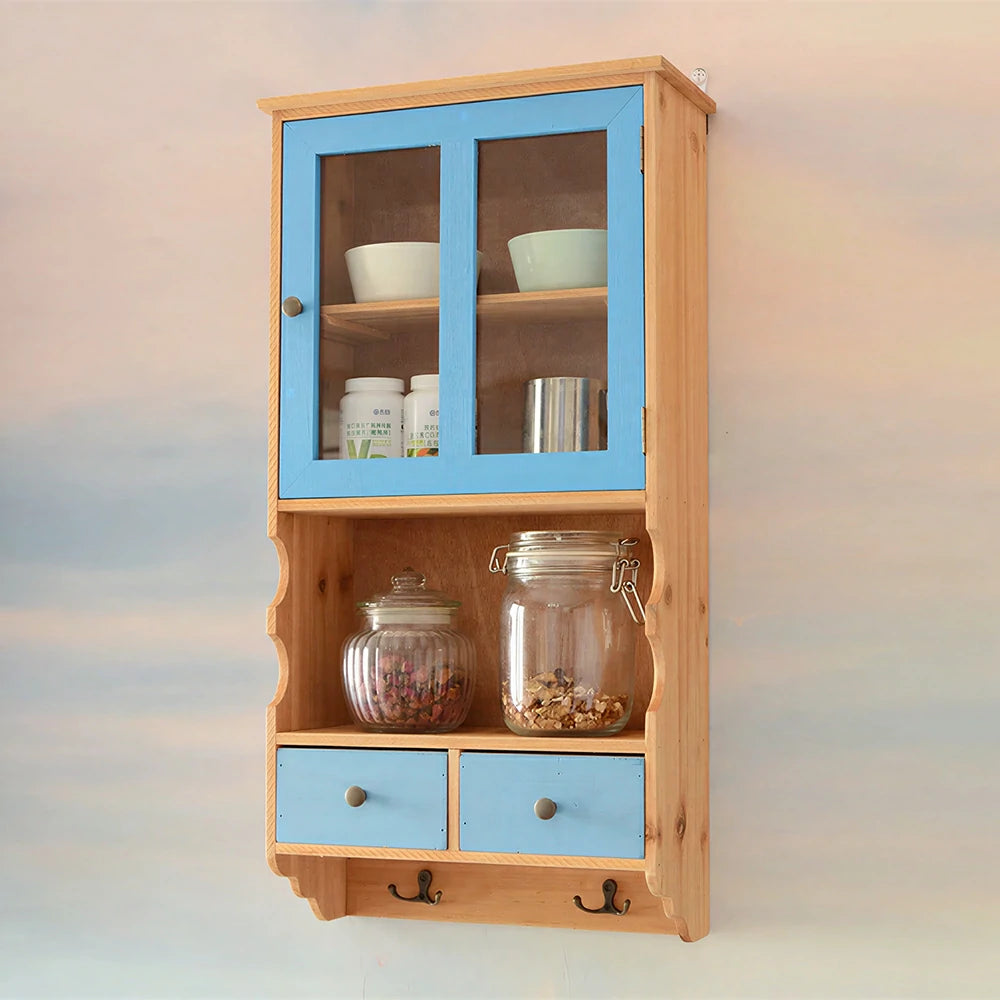 LIVARA Solid Wood Glass Door Wall Storage Cabinet for Entryway Living Room Bedroom - Bule & Wood