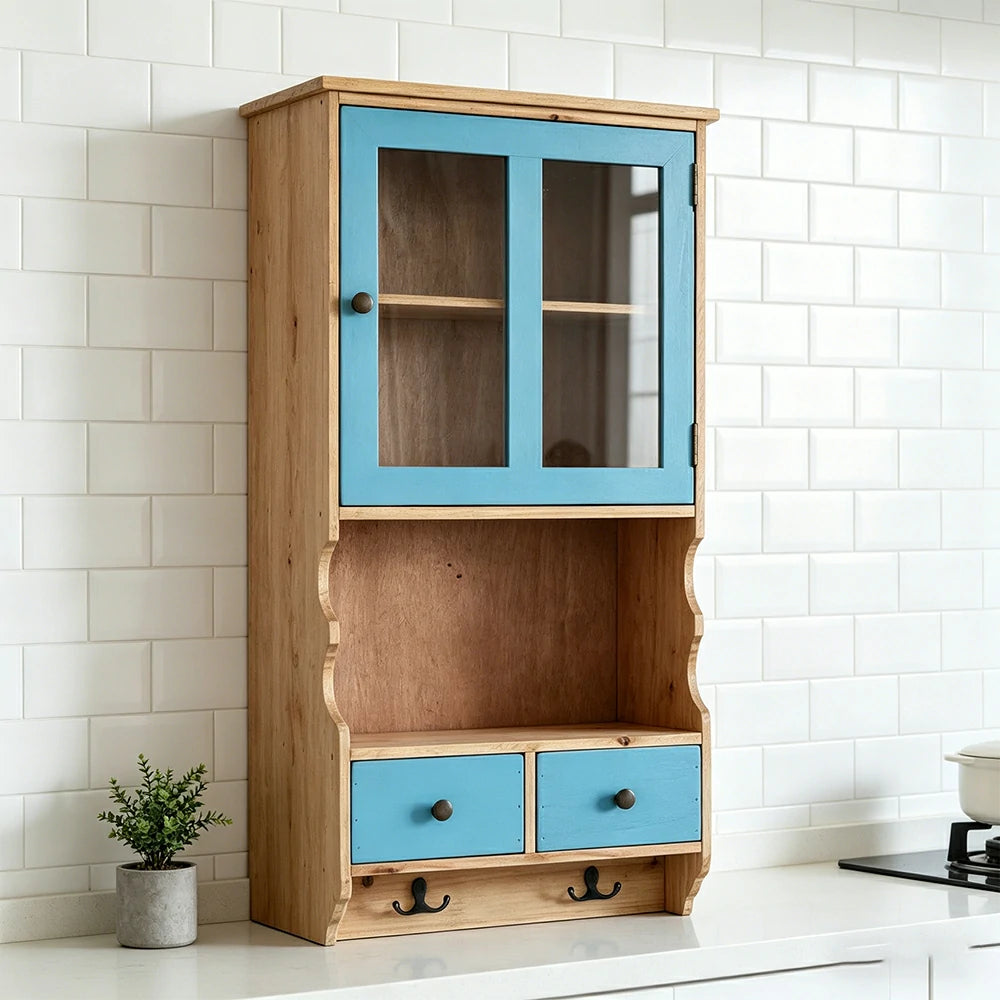LIVARA Solid Wood Glass Door Wall Storage Cabinet for Entryway Living Room Bedroom - Bule & Wood