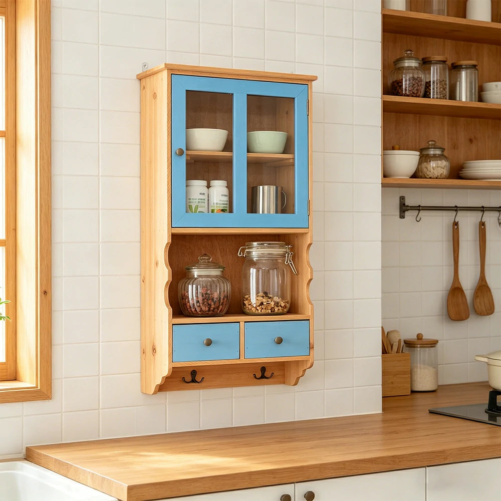 LIVARA Solid Wood Glass Door Wall Storage Cabinet for Entryway Living Room Bedroom - Bule & Wood