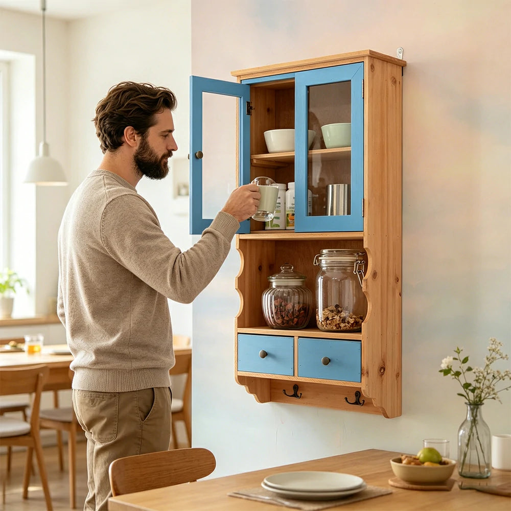LIVARA Solid Wood Glass Door Wall Storage Cabinet for Entryway Living Room Bedroom - Bule & Wood