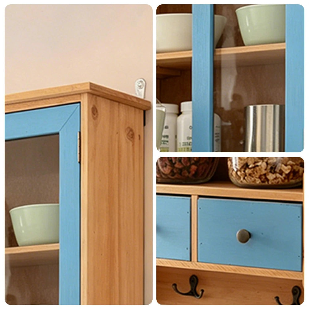 LIVARA Solid Wood Glass Door Wall Storage Cabinet for Entryway Living Room Bedroom - Bule & Wood