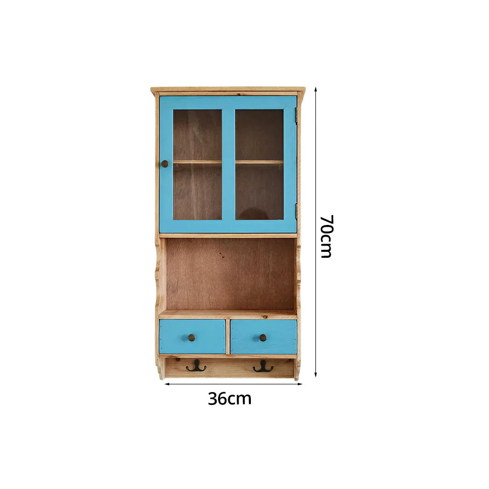 LIVARA Solid Wood Glass Door Wall Storage Cabinet for Entryway Living Room Bedroom - Bule & Wood