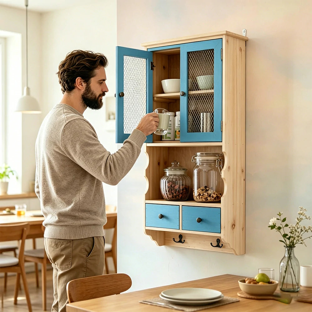 LIVARA Solid Wood Mesh Door Wall Storage Cabinet for Entryway Kitchen Living Room - Vintage Blue