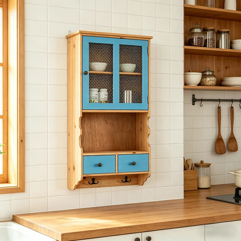 LIVARA Solid Wood Mesh Door Wall Storage Cabinet for Entryway Kitchen Living Room - Vintage Blue
