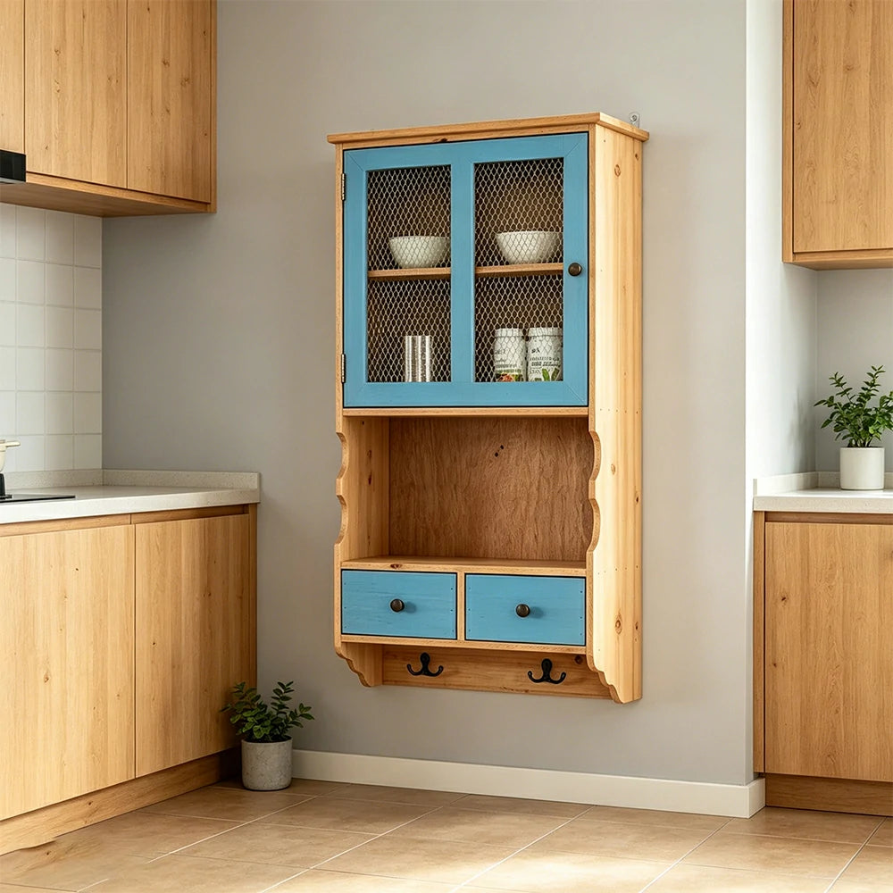 LIVARA Solid Wood Mesh Door Wall Storage Cabinet for Entryway Kitchen Living Room - Vintage Blue