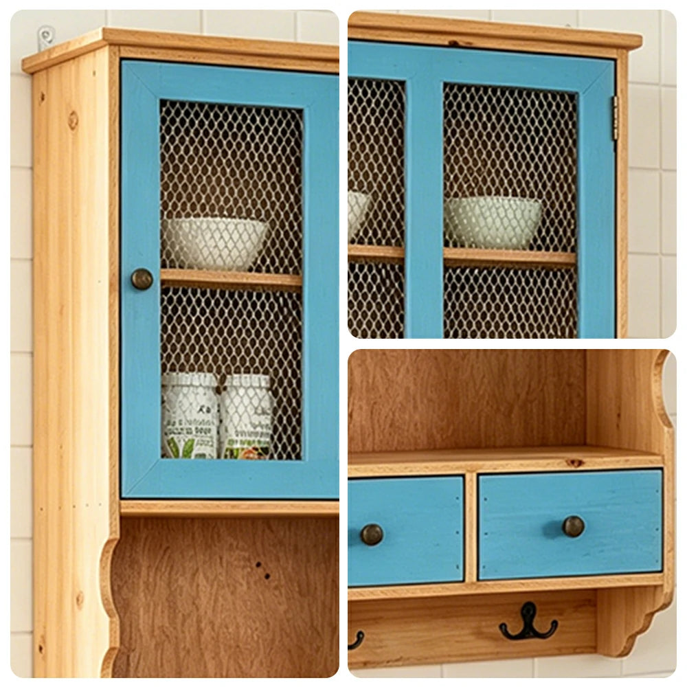 LIVARA Solid Wood Mesh Door Wall Storage Cabinet for Entryway Kitchen Living Room - Vintage Blue