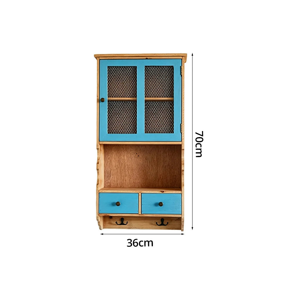 LIVARA Solid Wood Mesh Door Wall Storage Cabinet for Entryway Kitchen Living Room - Vintage Blue