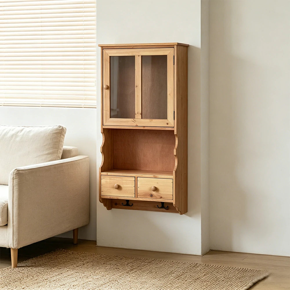 LIVARA Solid Wood Glass Door Wall Storage Cabinet for Entryway Living Room Bedroom - Wood