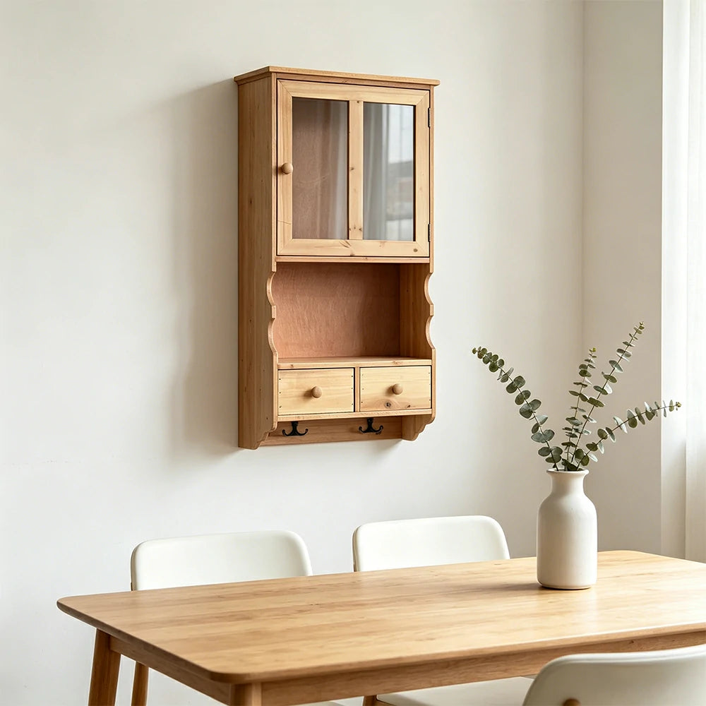 LIVARA Solid Wood Glass Door Wall Storage Cabinet for Entryway Living Room Bedroom - Wood