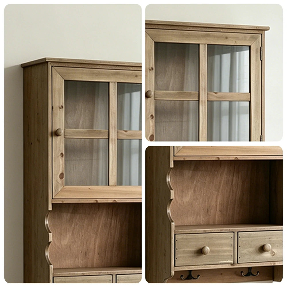 LIVARA Solid Wood Glass Door Wall Storage Cabinet for Entryway Living Room Bedroom - Brown