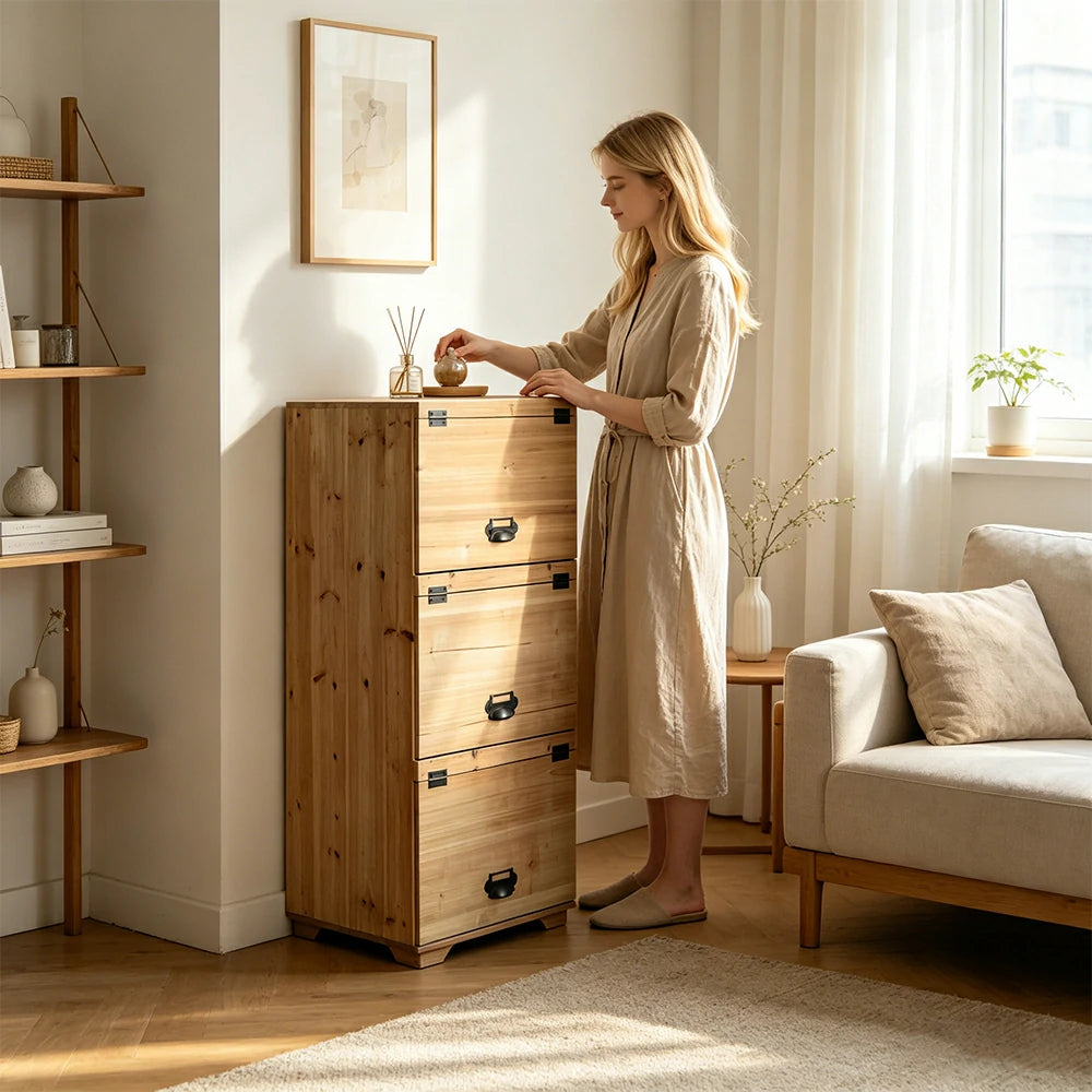 LIVARA Solid Wood Flip Door Wall Storage Cabinet for Entryway Kitchen Living Room - Natural Wood