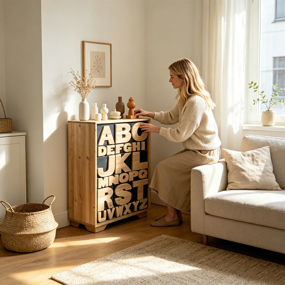 LIVARA Solid Wood Alphabet Storage Cabinet Organizer for Bedroom Living Room Kids Room - Natural Wood