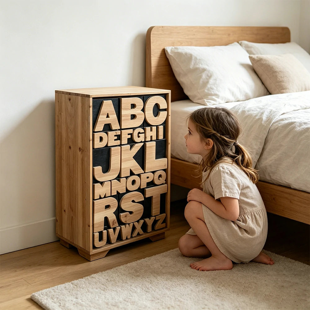 LIVARA Solid Wood Alphabet Storage Cabinet Organizer for Bedroom Living Room Kids Room - Natural Wood