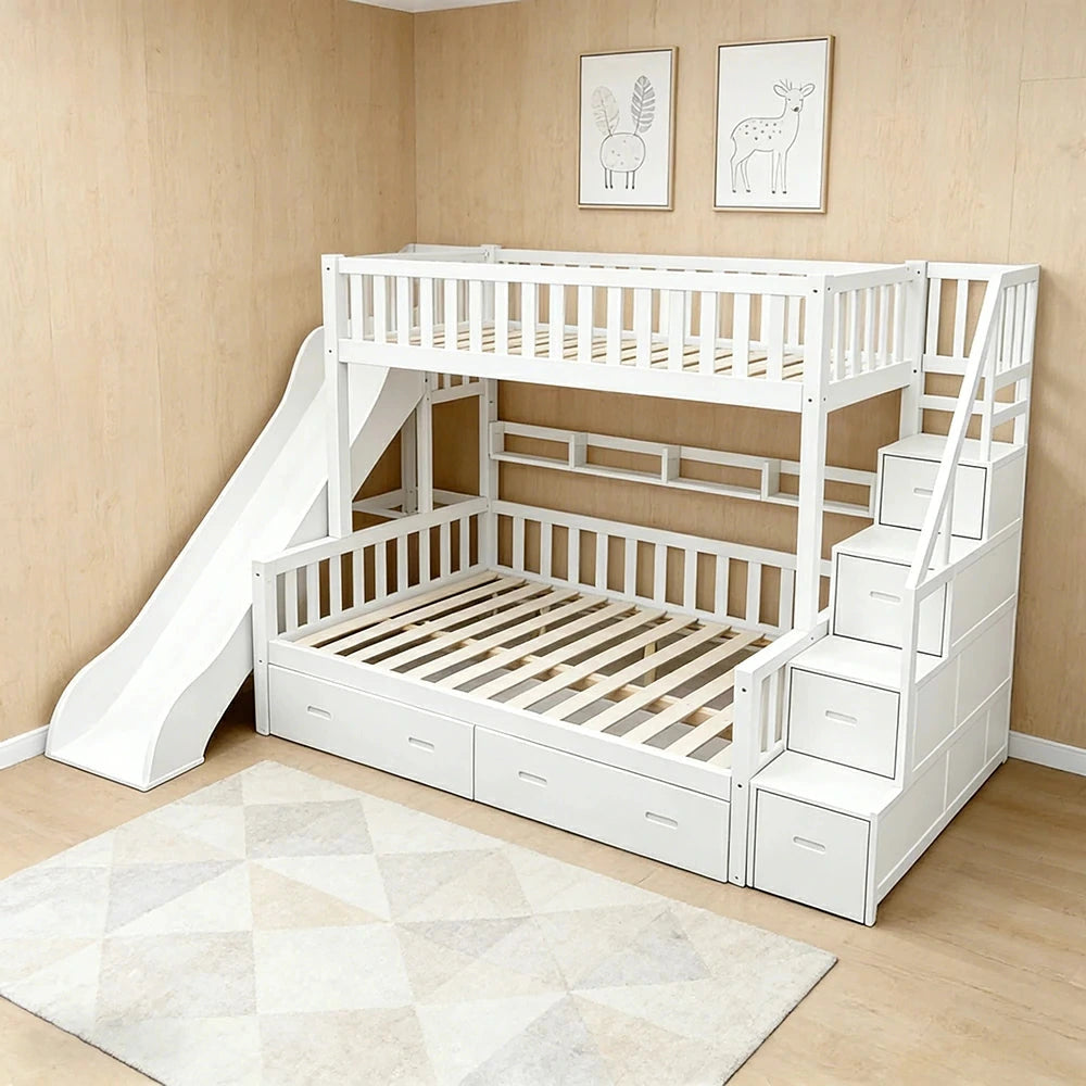 LIVARA ACSF01 Bunk Bed Frame with Slide Solid Pine Timber Safety Rails Big Storage - White