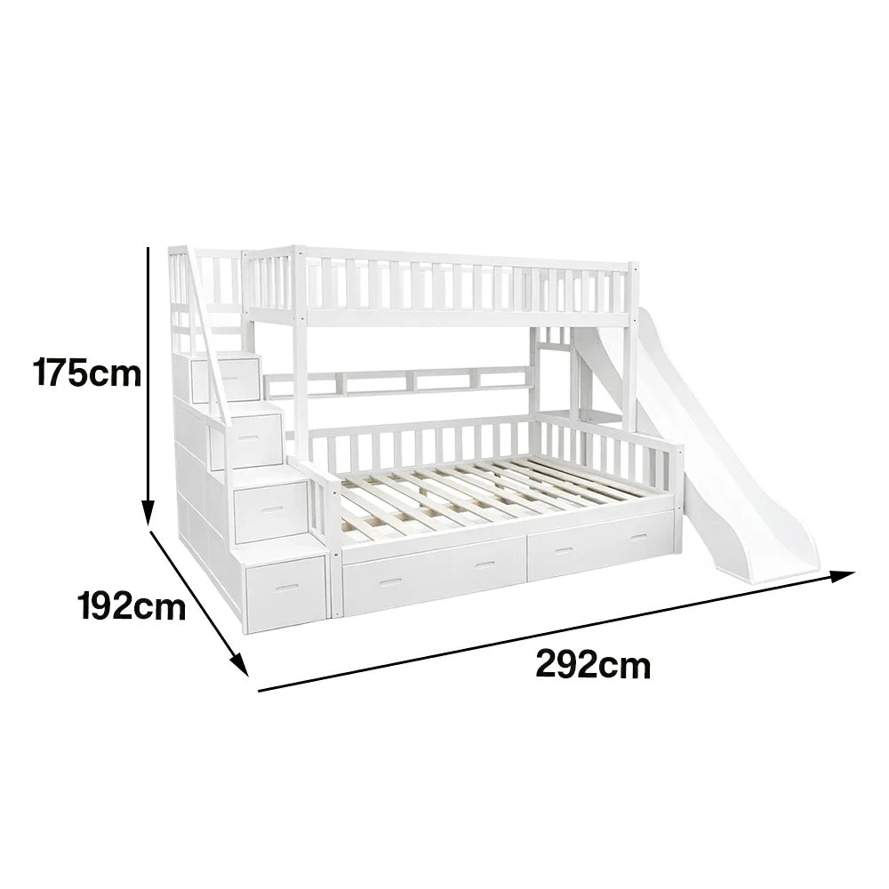 LIVARA ACSF01 Bunk Bed Frame with Slide Solid Pine Timber Safety Rails Big Storage - White