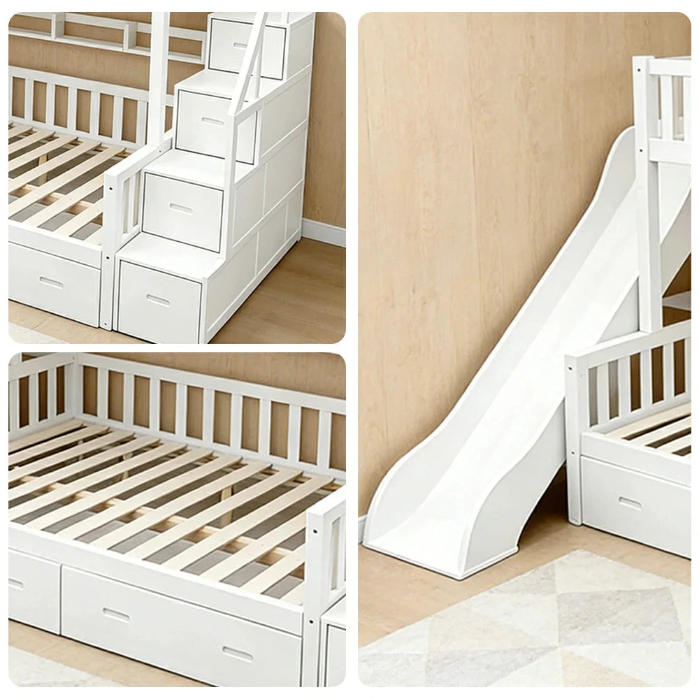 LIVARA ACSF01 Bunk Bed Frame with Slide Solid Pine Timber Safety Rails Big Storage - White