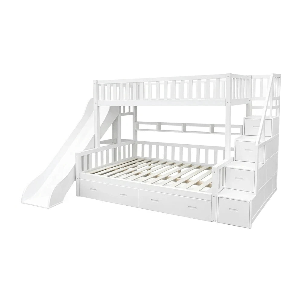 LIVARA ACSF01 Bunk Bed Frame with Slide Solid Pine Timber Safety Rails Big Storage - White