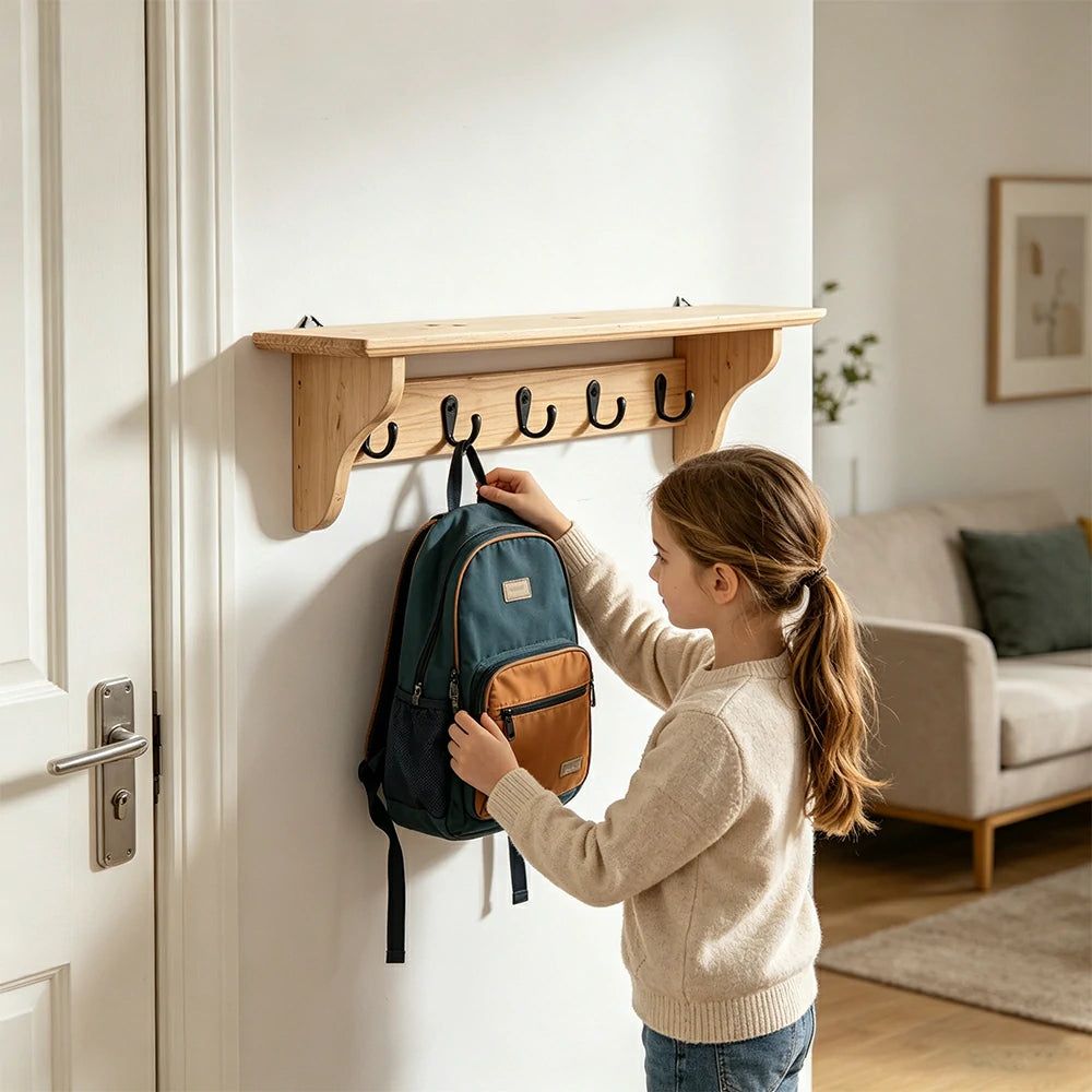 LIVARA Solid Wood Wall Display Shelf Rack with 5 Hooks for Entryway Kitchen Bedroom - Natural Wood