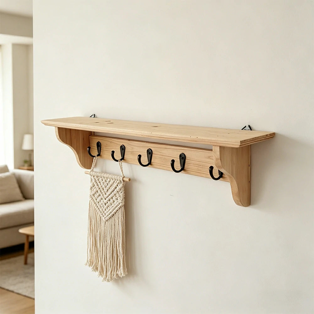 LIVARA Solid Wood Wall Display Shelf Rack with 5 Hooks for Entryway Kitchen Bedroom - Natural Wood