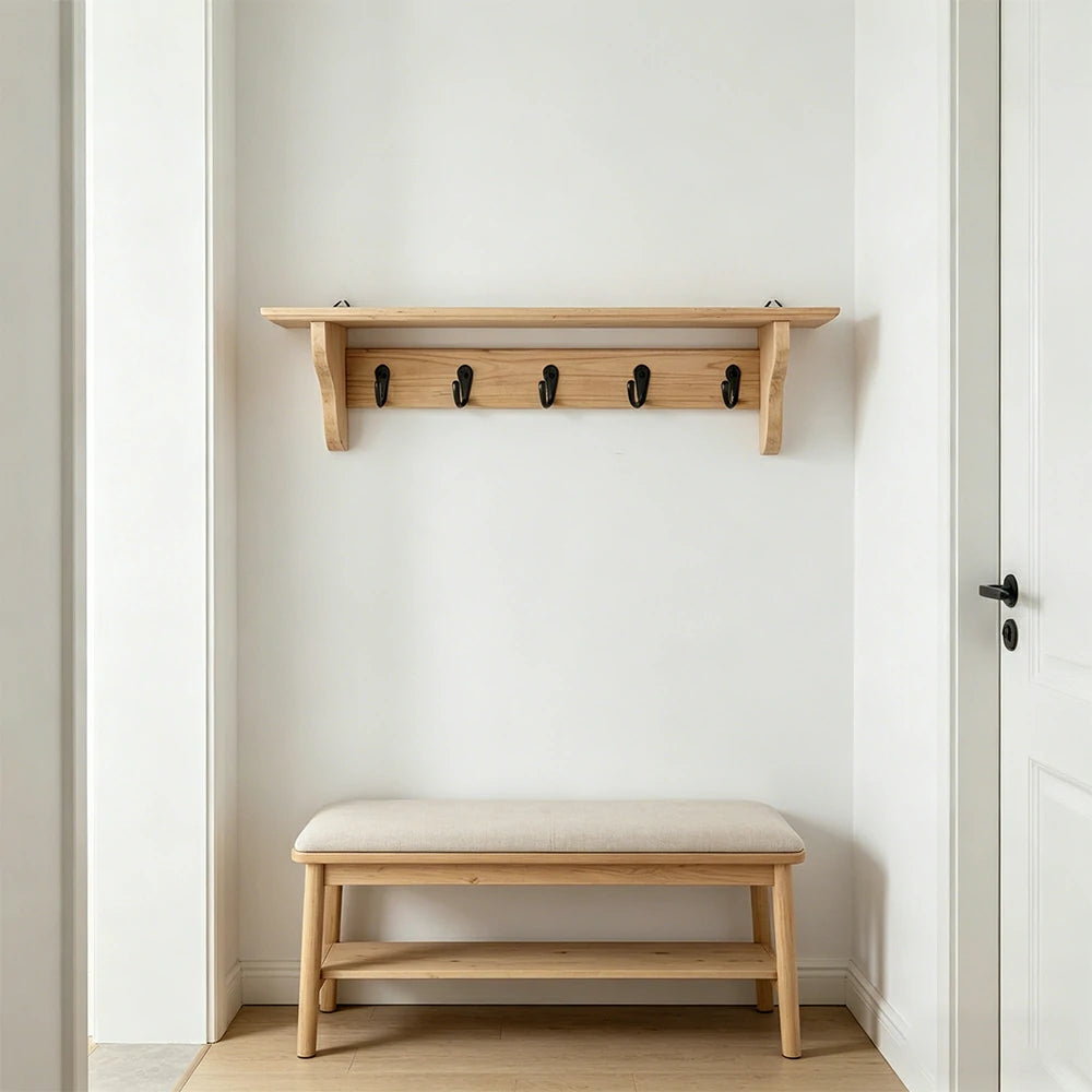 LIVARA Solid Wood Wall Display Shelf Rack with 5 Hooks for Entryway Kitchen Bedroom - Natural Wood
