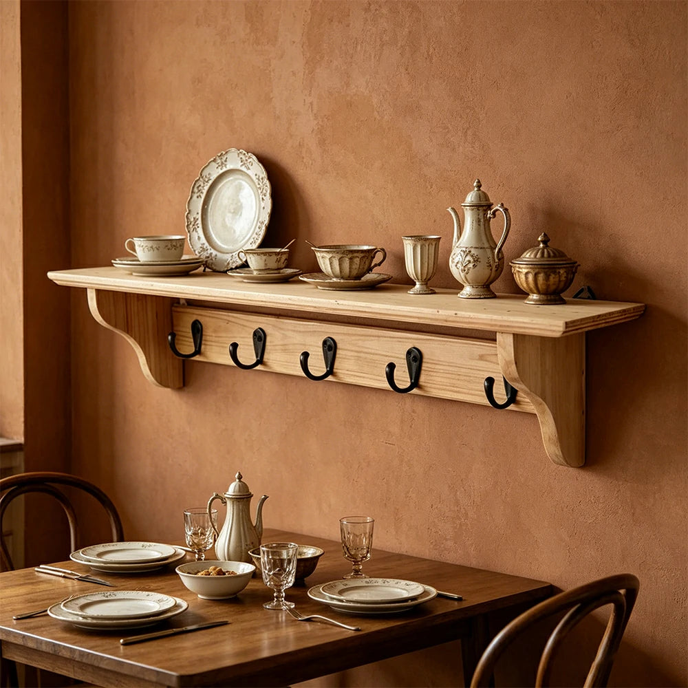LIVARA Solid Wood Wall Display Shelf Rack with 5 Hooks for Entryway Kitchen Bedroom - Natural Wood