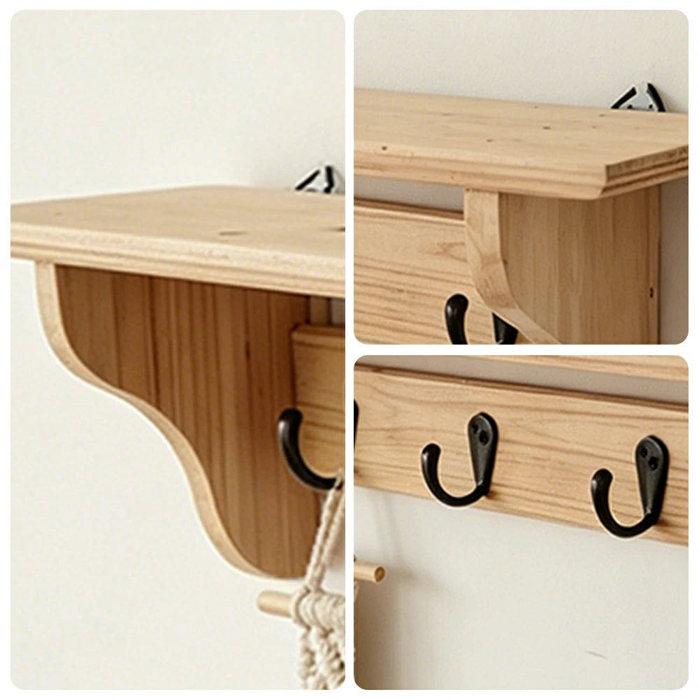 LIVARA Solid Wood Wall Display Shelf Rack with 5 Hooks for Entryway Kitchen Bedroom - Natural Wood