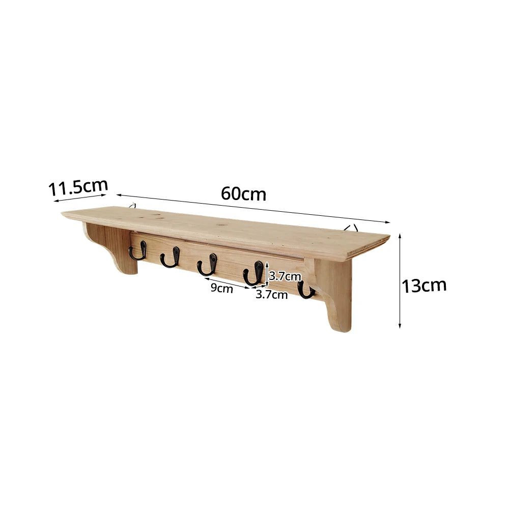 LIVARA Solid Wood Wall Display Shelf Rack with 5 Hooks for Entryway Kitchen Bedroom - Natural Wood