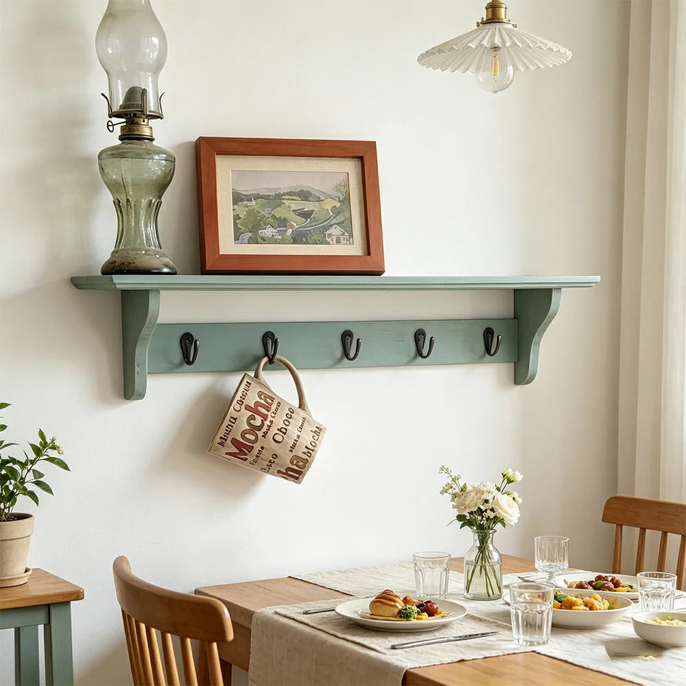 LIVARA Solid Wood Wall Display Shelf Rack with 5 Hooks for Entryway Kitchen Bedroom - Blue