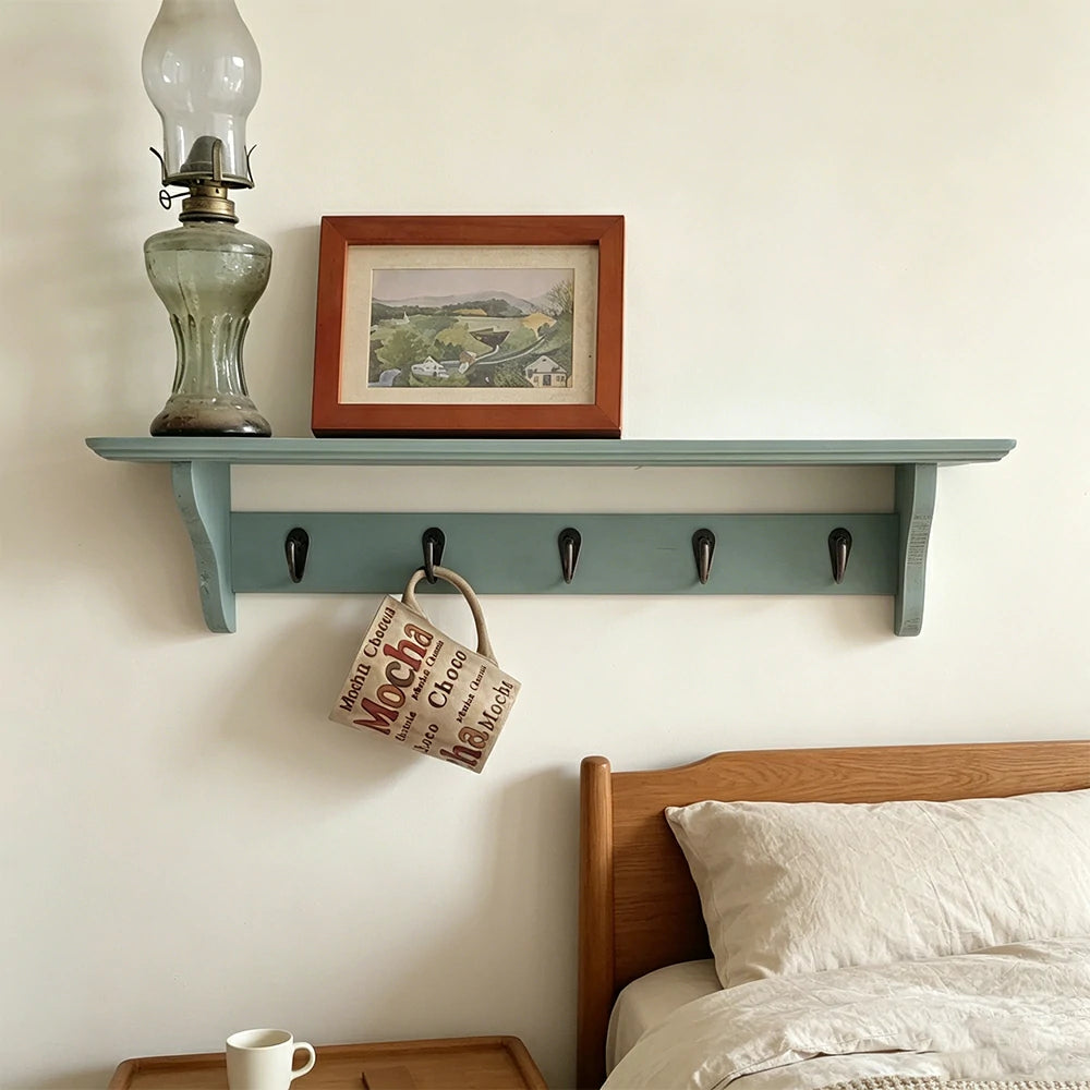 LIVARA Solid Wood Wall Display Shelf Rack with 5 Hooks for Entryway Kitchen Bedroom - Olive Green