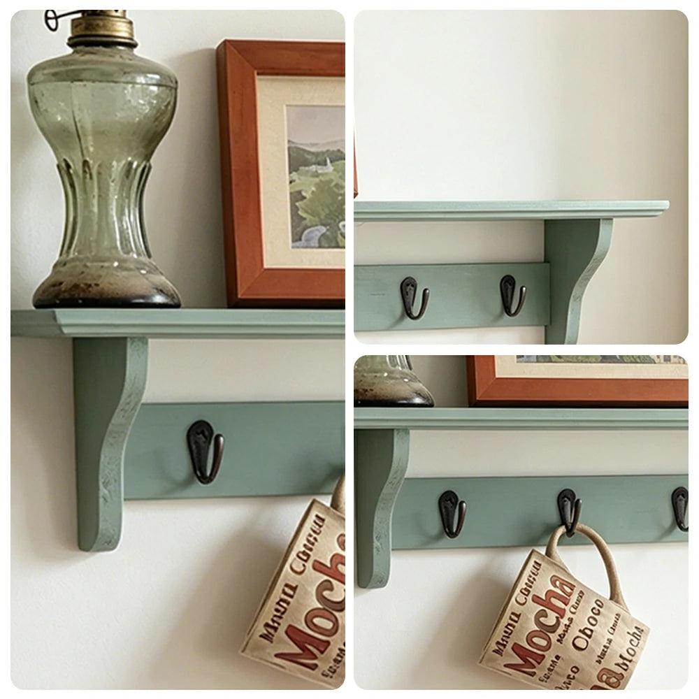 LIVARA Solid Wood Wall Display Shelf Rack with 5 Hooks for Entryway Kitchen Bedroom - Blue