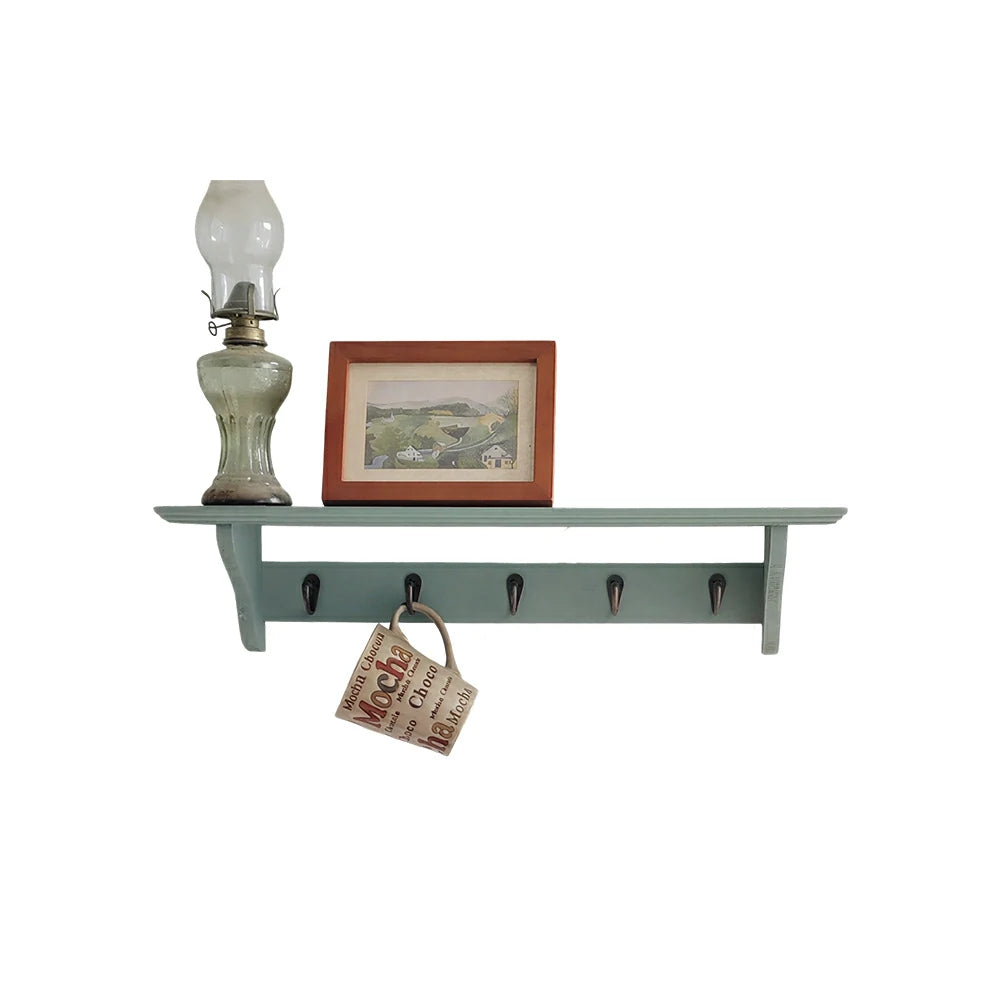 LIVARA Solid Wood Wall Display Shelf Rack with 5 Hooks for Entryway Kitchen Bedroom - Blue