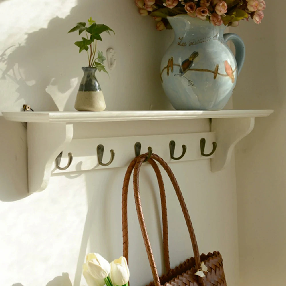 LIVARA Solid Wood Wall Display Shelf Rack with 5 Hooks for Entryway Kitchen Bedroom - White