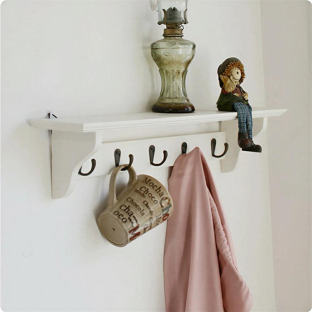 LIVARA Solid Wood Wall Display Shelf Rack with 5 Hooks for Entryway Kitchen Bedroom - White