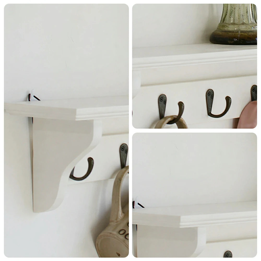 LIVARA Solid Wood Wall Display Shelf Rack with 5 Hooks for Entryway Kitchen Bedroom - White