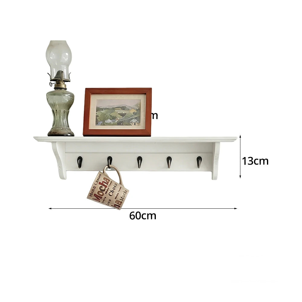 LIVARA Solid Wood Wall Display Shelf Rack with 5 Hooks for Entryway Kitchen Bedroom - White