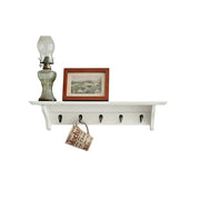 LIVARA Solid Wood Wall Display Shelf Rack with 5 Hooks for Entryway Kitchen Bedroom - White