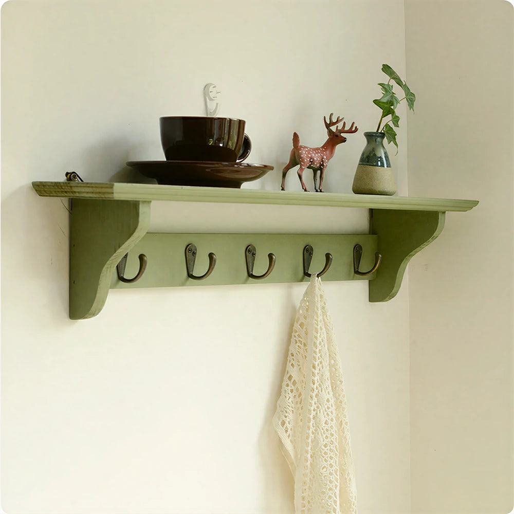 LIVARA Solid Wood Wall Display Shelf Rack with 5 Hooks for Entryway Kitchen Bedroom - Green