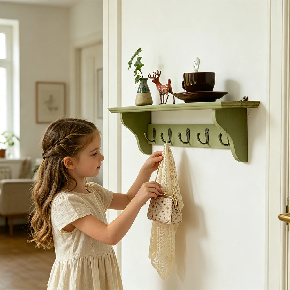 LIVARA Solid Wood Wall Display Shelf Rack with 5 Hooks for Entryway Kitchen Bedroom - Green